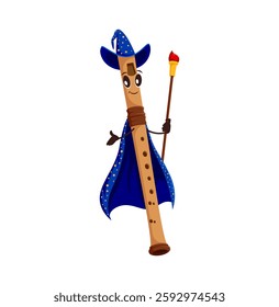 Cartoon flute Halloween mage and wizard character. Isolated vector musical wind instrument musician personage wears blue astrologer wiz cape and hat, holding magic wand with smiling face making spell