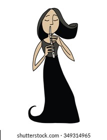 Cartoon Flutist. Musician Playing A Flute. Clipart, Hand-drawn Simple Illustration Of A Woman Playing A Musical Instrument.