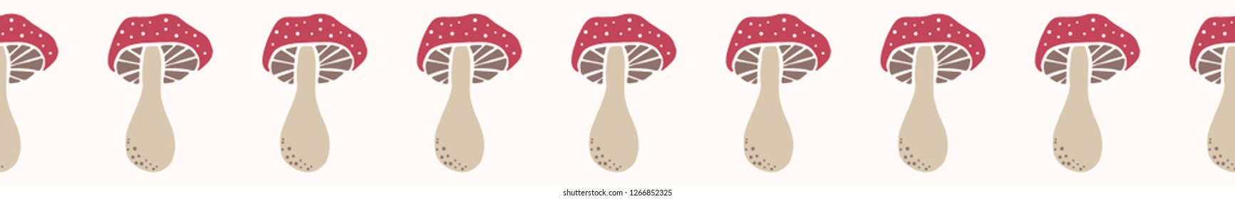 Cartoon fly agaric mushroom doodle border. Hand drawn vector illustration of poisionous toadstool fungi. Seamless repeat edging banner. Magical fairy style.