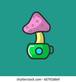 Cartoon fly agaric in small green pot isolated on emerald background. Mushroom with pink hat with yellow dots in glossy pot vector illustration. Poisonous spore plant logo icon design in flat style