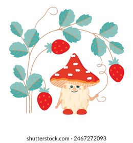 Cartoon fly agaric under wild  strawberry bush.Magic mushroom hiding under forest  berries. Floral composition with red fruits and blue leaves.Vector design with funny character isolated on white. 