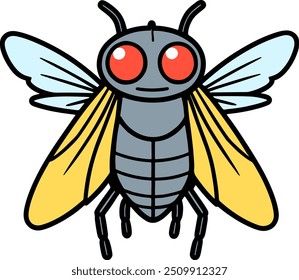 Cartoon fly with big red eyes and yellow wings