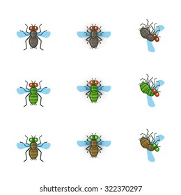 Cartoon fly flies. Cartoon fly sits. Cartoon fly dies.