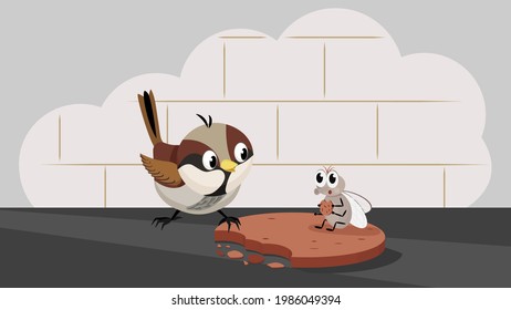 Cartoon fly and sparrow. Vector illustration of a cartoon sparrow and a fly on a piece of cookie for animation. All the details are on separate layers with names. Editable strokes.