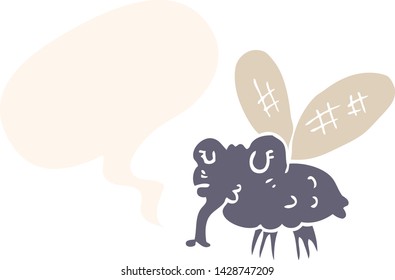 cartoon fly with speech bubble in retro style