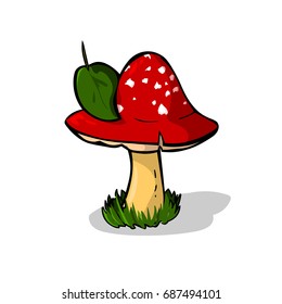 Cartoon fly-agaric with a green leaf on a lid on a white background
