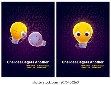 Cartoon flyers with funny light bulbs characters glowing, smiling, sleeping and searching solution with magnifying glass. Cute lamps express emotions creative invitation posters, Vector illustration