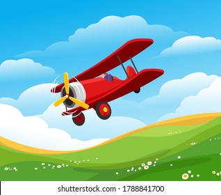 Cartoon flying airplane. Plane with yellow propeller, concept of traveling on air, vector illustration of pilot in red aircraft flying in sky among clouds over green meadow