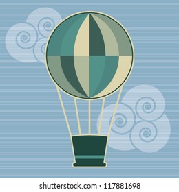 Cartoon flying balloon in the sky with clouds, vector illustration