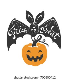 Cartoon flying bat with spread wings and Trick or Treat text written on it holding Halloween pumpkin lantern isolated on white background. Vector illustration for greeting card, party invitation.