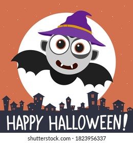 Cartoon flying bat in a witch hat with halloween city concept.Vector vampire illustration from halloween collection.