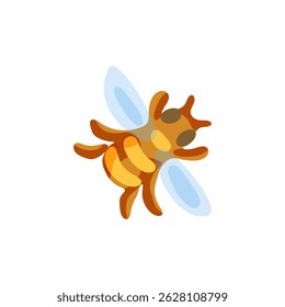 Cartoon Flying Bee Illustration. Bright cartoon-style flying bee with blue translucent wings and striped orange-yellow body, isolated on white with simplified shapes and cheerful colors.