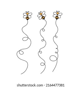 Cartoon flying bee set. The flight path of a bee to honey.
