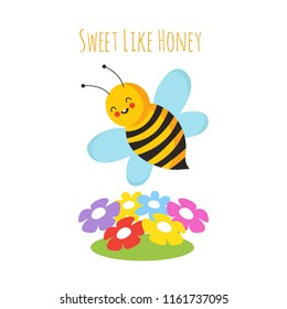 Cartoon flying bees. Cute bee and flower. Honeybee vector background. Insect cartoon, bumblebee and colored flowers illustration