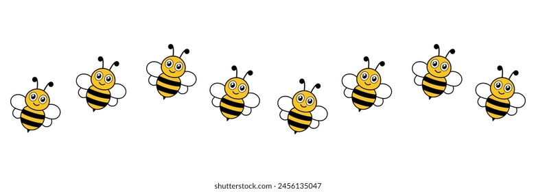 Cartoon flying bees swarm. Happy. bumblebees group. Vector illustration isolated on white.