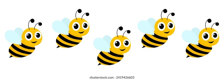 Cartoon flying bees swarm. Vector illustration isolated on white. 