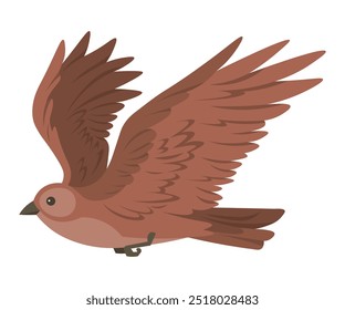 Cartoon flying bird, sparrow flaps its wings in flight isolated on white background, movement moment. Hawk or kite, Nature and wildlife, birdwatching and ornithology design, wild bird migration