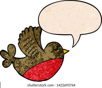 Cartoon fliegender Vogel mit Sprachblase im Retro-Stil