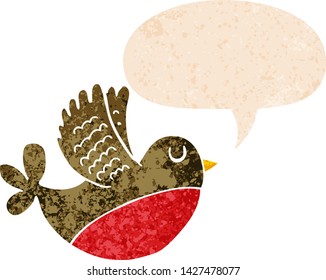 cartoon flying bird with speech bubble in grunge distressed retro textured style