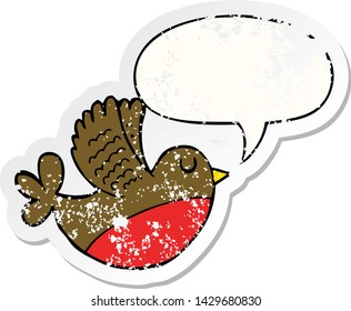 cartoon flying bird with speech bubble distressed distressed old sticker