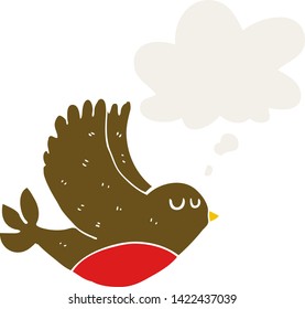 cartoon flying bird with thought bubble in retro style