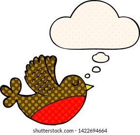 cartoon flying bird with thought bubble in comic book style