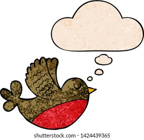 pájaro volador de dibujos animados con burbuja de pensamiento al estilo de textura gruesa