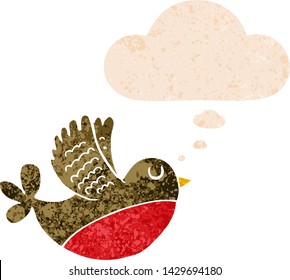 pájaro volador de dibujos animados con burbuja de pensamiento en un estilo retro angustiado con textura estridente