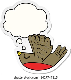 cartoon flying bird with thought bubble as a printed sticker