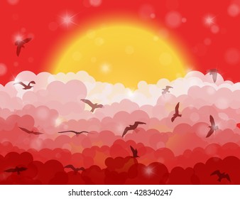 Cartoon flying birds in clouds on sun and red shining sky background. Vector illustration