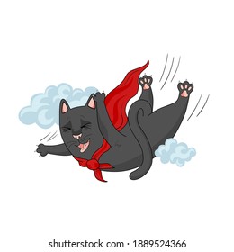 Cartoon flying black cat. Funny character superhero design isolated on white background