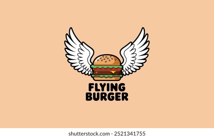 Cartoon flying burger with wings and text logo.