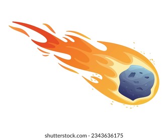 Cartoon flying burning space asteroid with craters and bumps. Vector isolated stone with fire.