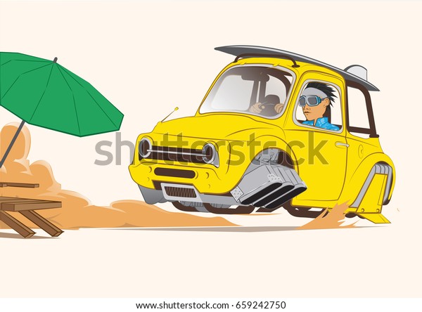 Cartoon flying car with retro future, flying car on\
the beach