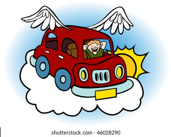 Cartoon Of A Flying Car With Wings Floating Above The Clouds.