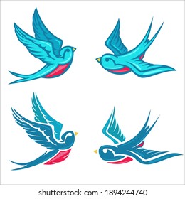 Cartoon flying color swallow isolated on white background. Design bird in retro vintage style for old school tattoo, label, poster. Vector illustration.