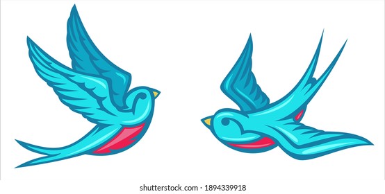 Cartoon flying color swallow isolated on white background. Design bird in retro vintage style for old school tattoo, label, poster. Vector illustration.