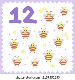 Cartoon flying colored bee. Vector insect for counting. Funny insects on an isolated background in a frame. Design template for kids education, entertainment, books