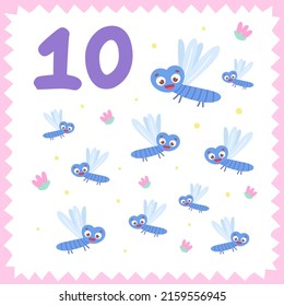 Cartoon flying colored dragonfly. Vector insect for counting. Funny insects on an isolated background in a frame. Design template for kids education, entertainment, books
