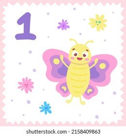 Cartoon flying colorful butterfly. Vector insect for counting. Funny insects on an isolated background in a frame. Design template for kids education, entertainment, books