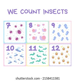 Cartoon flying colorful insects. Vector collection with insects for counting. Funny insects on an isolated background in a frame. Design template for kids education, entertainment, books