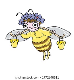 Cartoon flying cute dressed bee carrying buckets of honey. Organic food. Hand drawn vector doodle illustration isolated on white background.