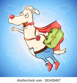 Cartoon flying dog having a trip