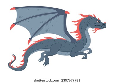 Dragón volador de dibujos animados. Un reptil de fantasía voladora, un dragón alado. Dragón respirador de fuego de hadas ilustración vectorial plana