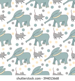 Cartoon flying elephants and mouses on white background. Vector Seamless pattern. Can be used for wallpapers, pattern fills,  surface textures. Childish seamless background. Handdrawn illustration.