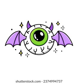 Cartoon flying evil bat monster with wings and human eye. Halloween vector illustration. Isolated scary icon on white background.