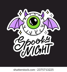 Cartoon flying evil bat monster with wings, human eye and lettering spooky night. Halloween vector party illustration. Isolated scary icon on black background.