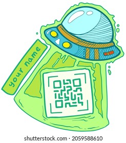 Cartoon flying green alien space UFO with laser ray, QR code and tablet sign for your name. Vector icon on white background.