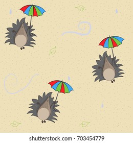 Cartoon Flying hedgehog with colorful umbrella, leaves, drops and wind
Seamless pattern