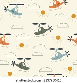 Cartoon flying helicopters and clouds seamless children pattern. Cute air transport in the sky. Vector illustration for a boy and a girl in Scandinavian style. Toy air transport.